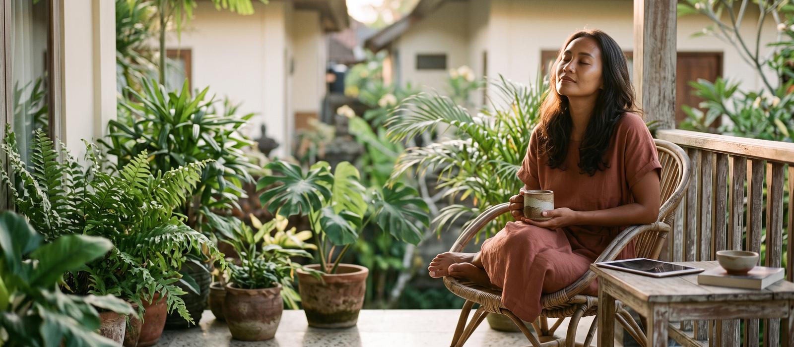 Duduk tenang di teras dengan secangkir kopi